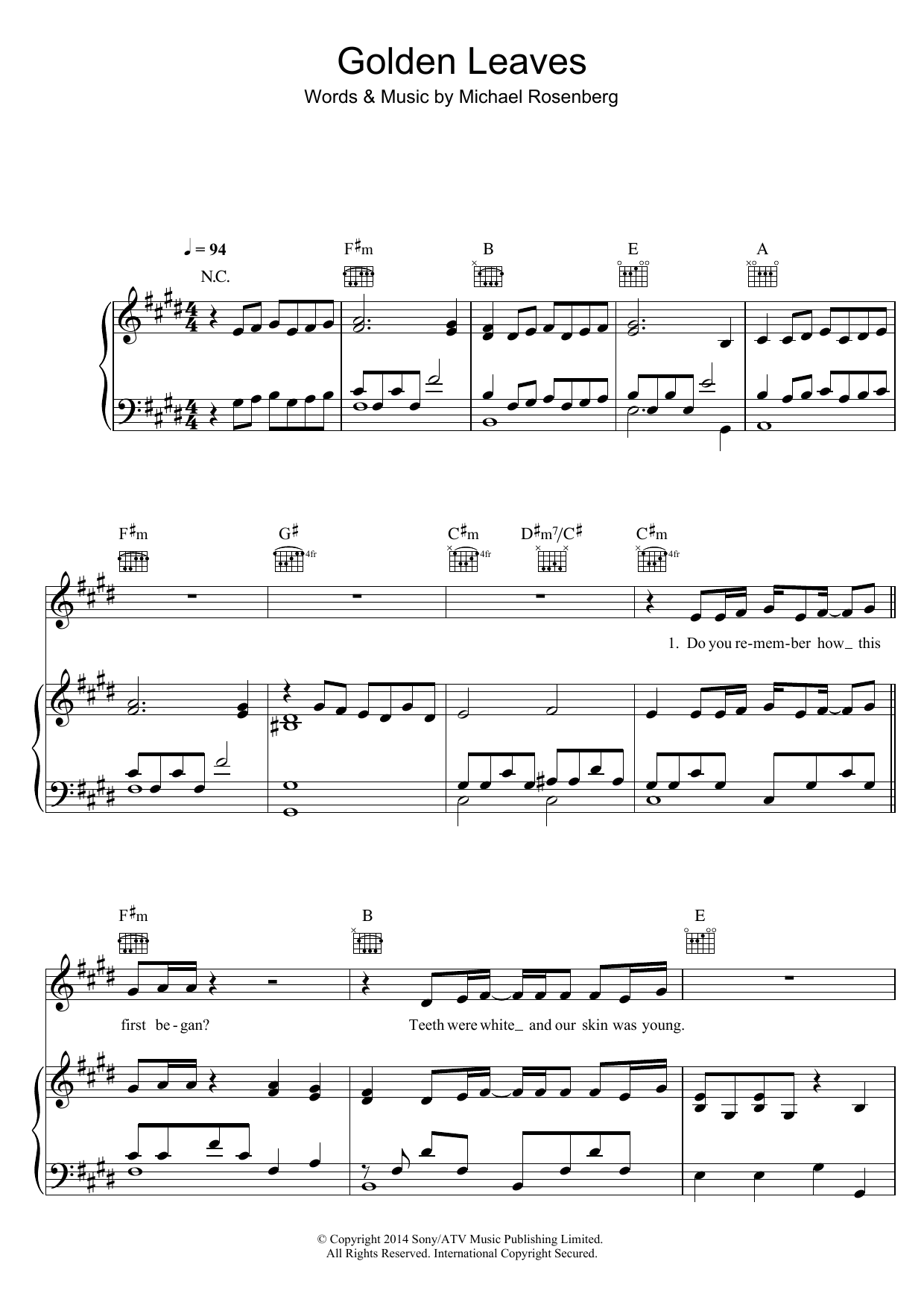 Download Passenger Golden Leaves Sheet Music and learn how to play Piano, Vocal & Guitar (Right-Hand Melody) PDF digital score in minutes