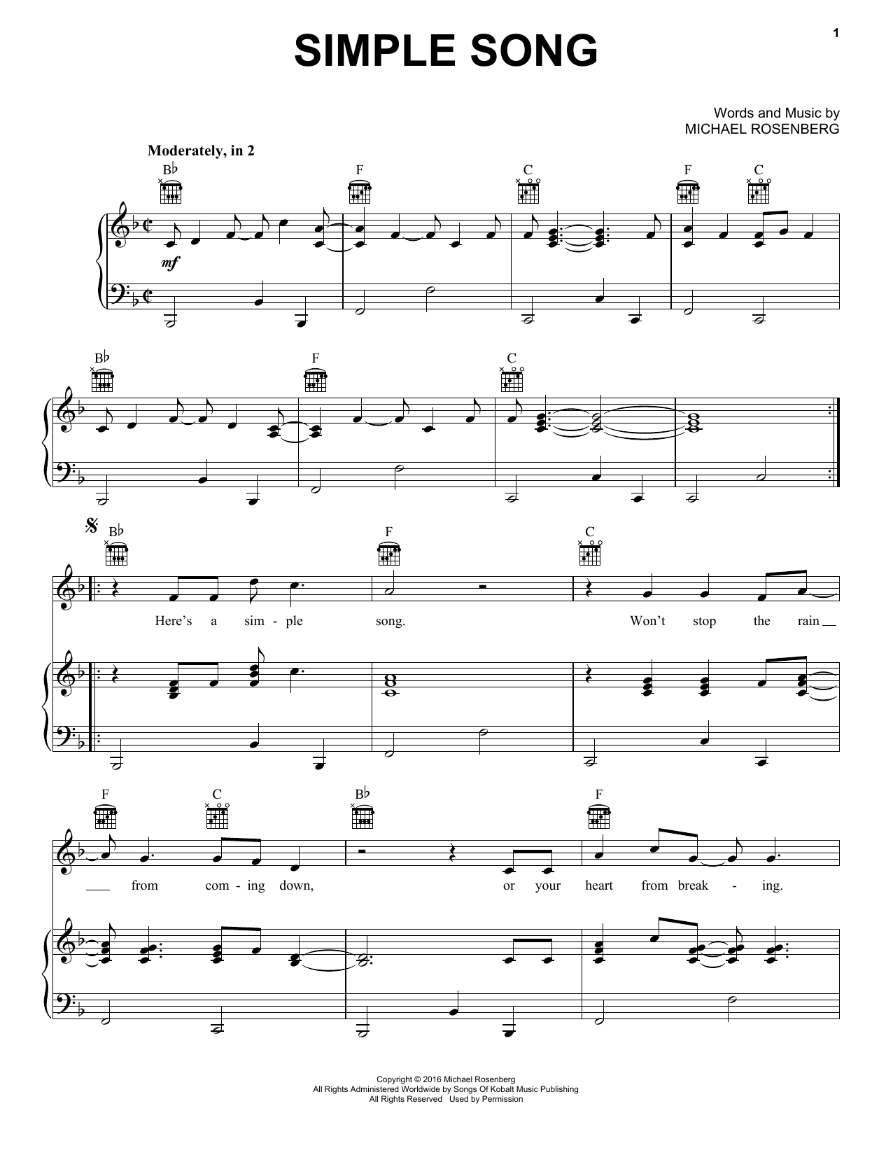 Download Passenger Simple Song Sheet Music and learn how to play Piano, Vocal & Guitar Chords (Right-Hand Melody) PDF digital score in minutes