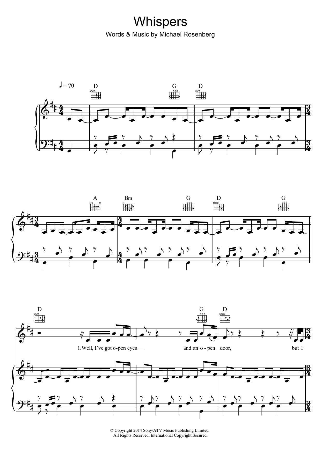 Download Passenger Whispers Sheet Music and learn how to play Piano, Vocal & Guitar (Right-Hand Melody) PDF digital score in minutes