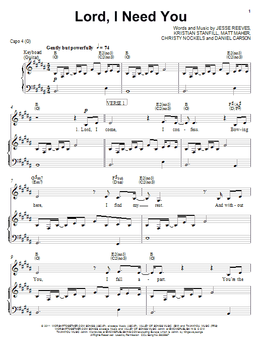Download Chris Tomlin Lord, I Need You Sheet Music and learn how to play Piano, Vocal & Guitar (Right-Hand Melody) PDF digital score in minutes