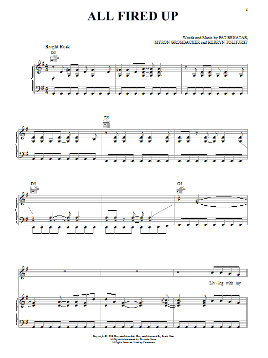 Download Pat Benatar All Fired Up Sheet Music and learn how to play Piano, Vocal & Guitar (Right-Hand Melody) PDF digital score in minutes