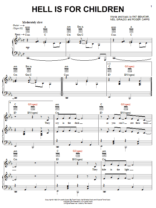 Download Pat Benatar Hell Is For Children Sheet Music and learn how to play Piano, Vocal & Guitar (Right-Hand Melody) PDF digital score in minutes