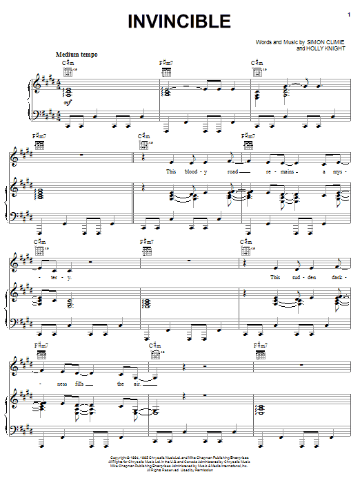 Download Pat Benatar Invincible Sheet Music and learn how to play Piano, Vocal & Guitar (Right-Hand Melody) PDF digital score in minutes