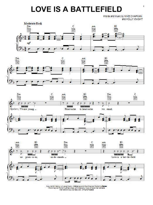 Download Pat Benatar Love Is A Battlefield Sheet Music and learn how to play Melody Line, Lyrics & Chords PDF digital score in minutes