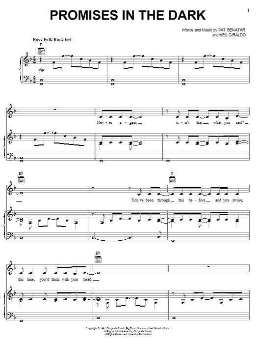 Download Pat Benatar Promises In The Dark Sheet Music and learn how to play Piano, Vocal & Guitar (Right-Hand Melody) PDF digital score in minutes