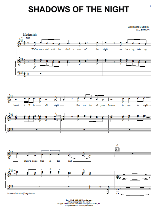 Download Pat Benatar Shadows Of The Night Sheet Music and learn how to play Piano, Vocal & Guitar (Right-Hand Melody) PDF digital score in minutes