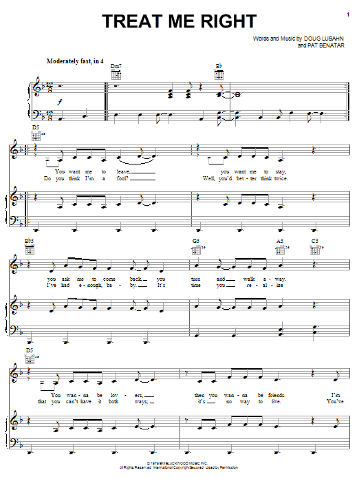 Download Pat Benatar Treat Me Right Sheet Music and learn how to play Piano, Vocal & Guitar (Right-Hand Melody) PDF digital score in minutes