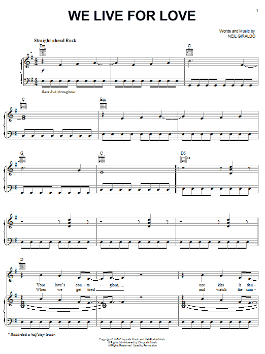 Download Pat Benatar We Live For Love Sheet Music and learn how to play Piano, Vocal & Guitar (Right-Hand Melody) PDF digital score in minutes