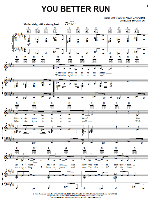 Download Pat Benatar You Better Run Sheet Music and learn how to play Piano, Vocal & Guitar (Right-Hand Melody) PDF digital score in minutes