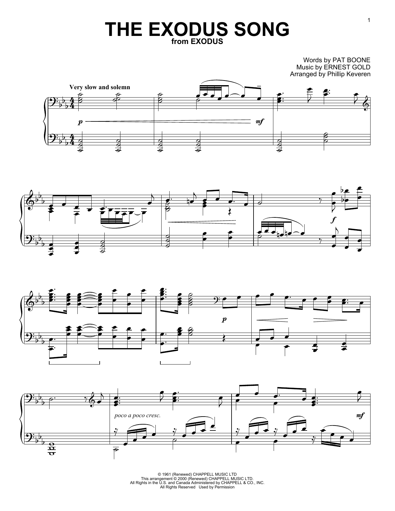 Download Pat Boone The Exodus Song (from Exodus) (arr. Phillip Keveren) Sheet Music and learn how to play Piano Solo PDF digital score in minutes