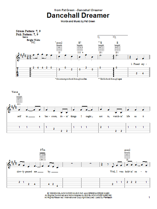 Download Pat Green Dancehall Dreamer Sheet Music and learn how to play Easy Guitar Tab PDF digital score in minutes