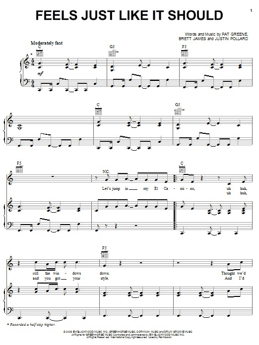 Download Pat Green Feels Just Like It Should Sheet Music and learn how to play Piano, Vocal & Guitar (Right-Hand Melody) PDF digital score in minutes