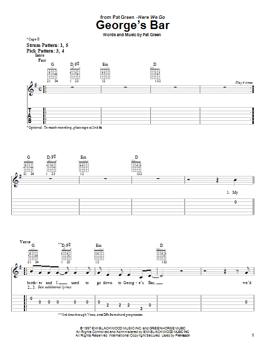 Download Pat Green George's Bar Sheet Music and learn how to play Easy Guitar Tab PDF digital score in minutes
