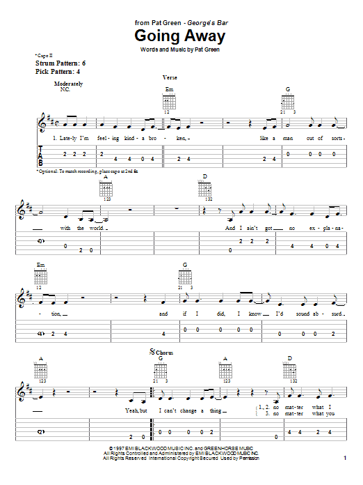 Download Pat Green Going Away Sheet Music and learn how to play Easy Guitar Tab PDF digital score in minutes