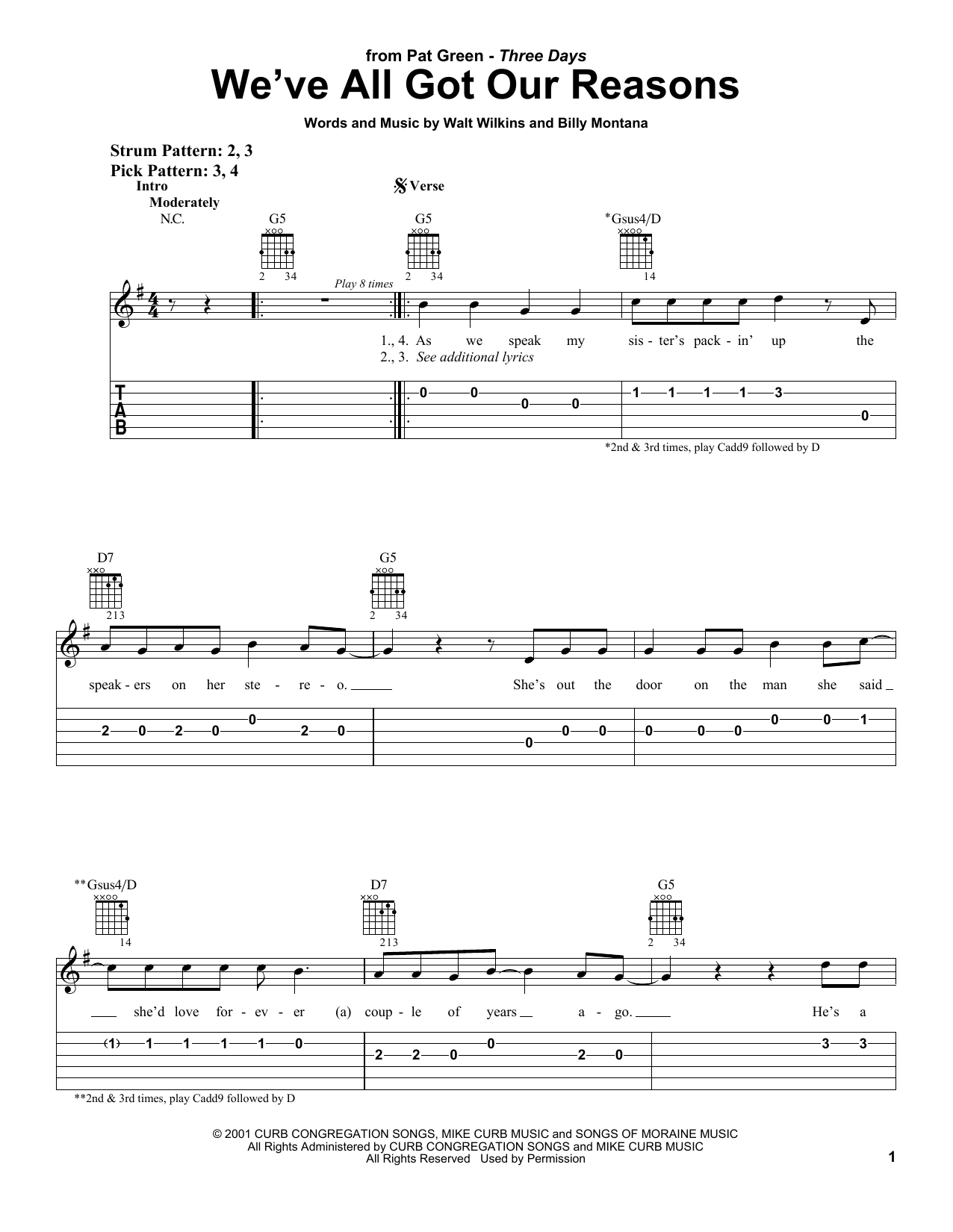 Download Pat Green We've All Got Our Reasons Sheet Music and learn how to play Easy Guitar Tab PDF digital score in minutes