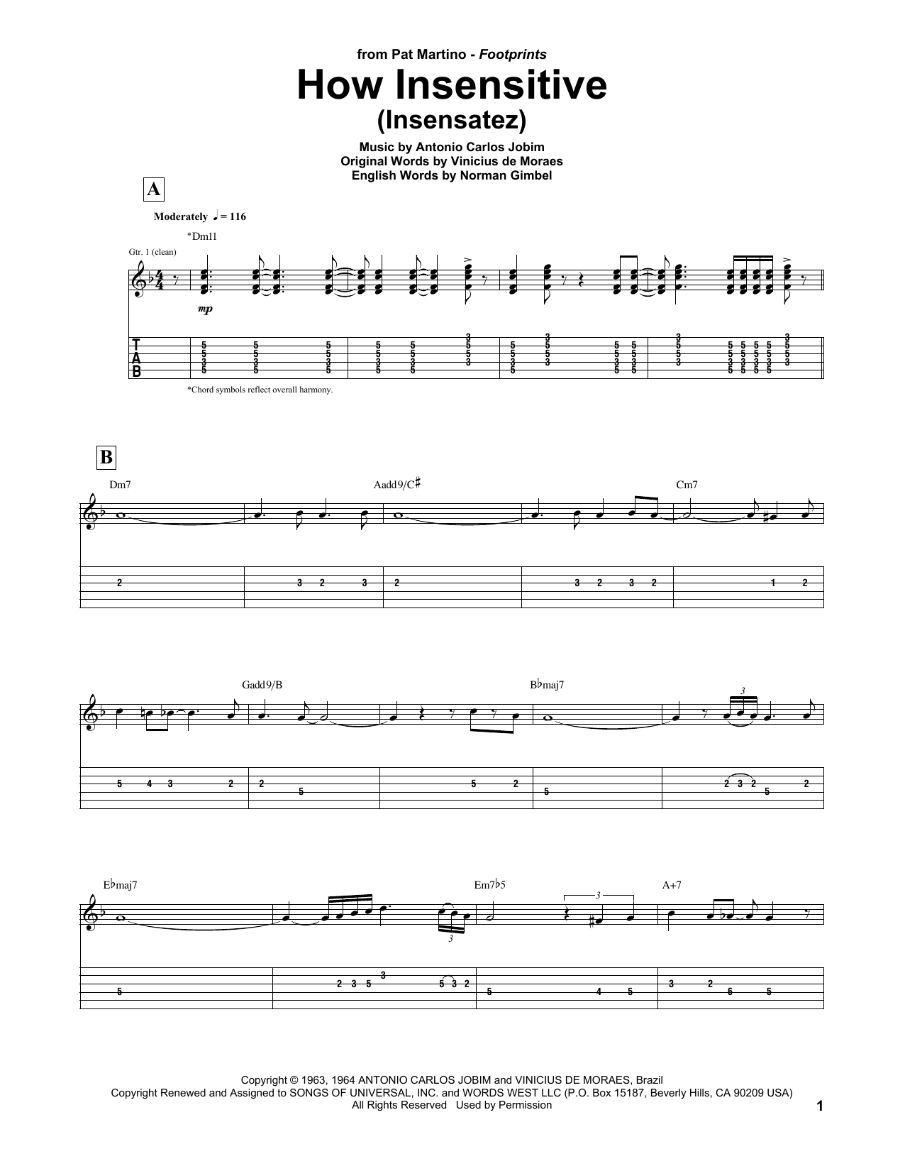 Download Pat Martino How Insensitive (Insensatez) Sheet Music and learn how to play Guitar Tab PDF digital score in minutes