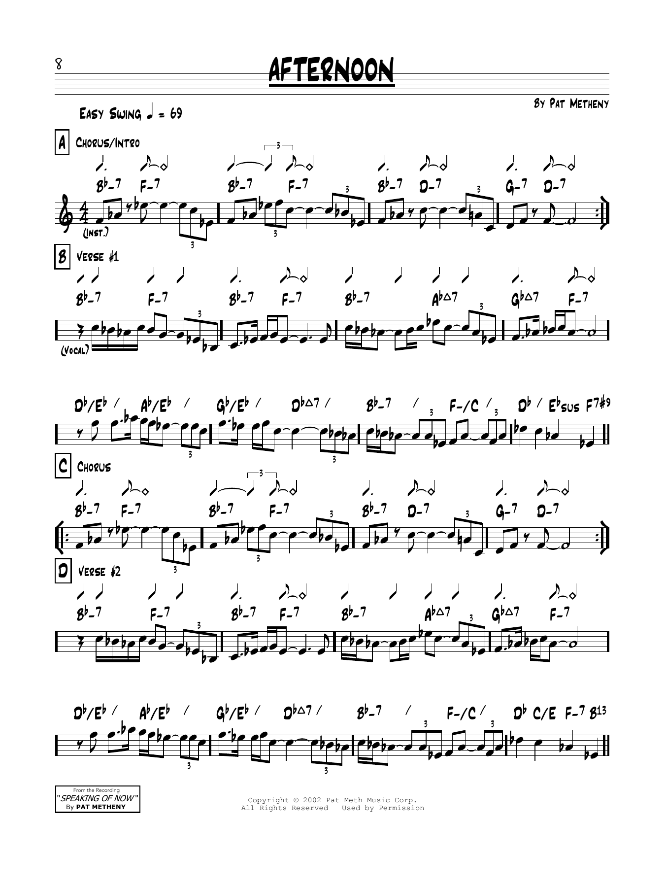 Download Pat Metheny Afternoon Sheet Music and learn how to play Real Book – Melody & Chords PDF digital score in minutes