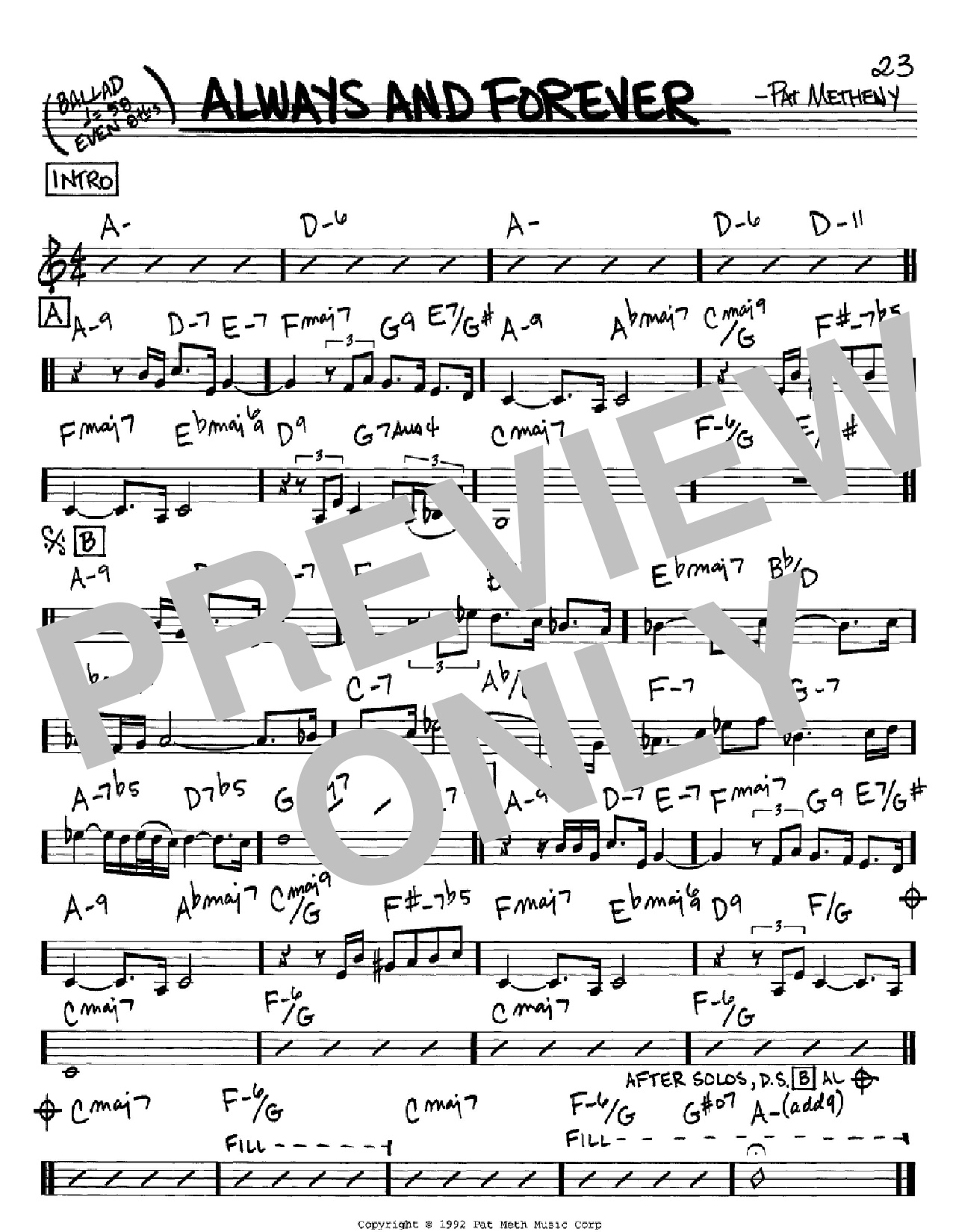 Download Pat Metheny Always And Forever Sheet Music and learn how to play Real Book - Melody & Chords - C Instruments PDF digital score in minutes
