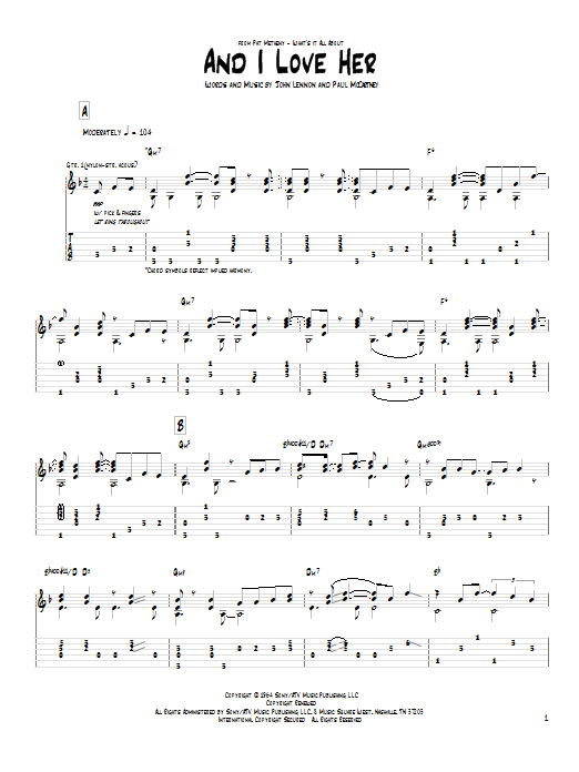 Download Pat Metheny And I Love Her Sheet Music and learn how to play Guitar Tab PDF digital score in minutes