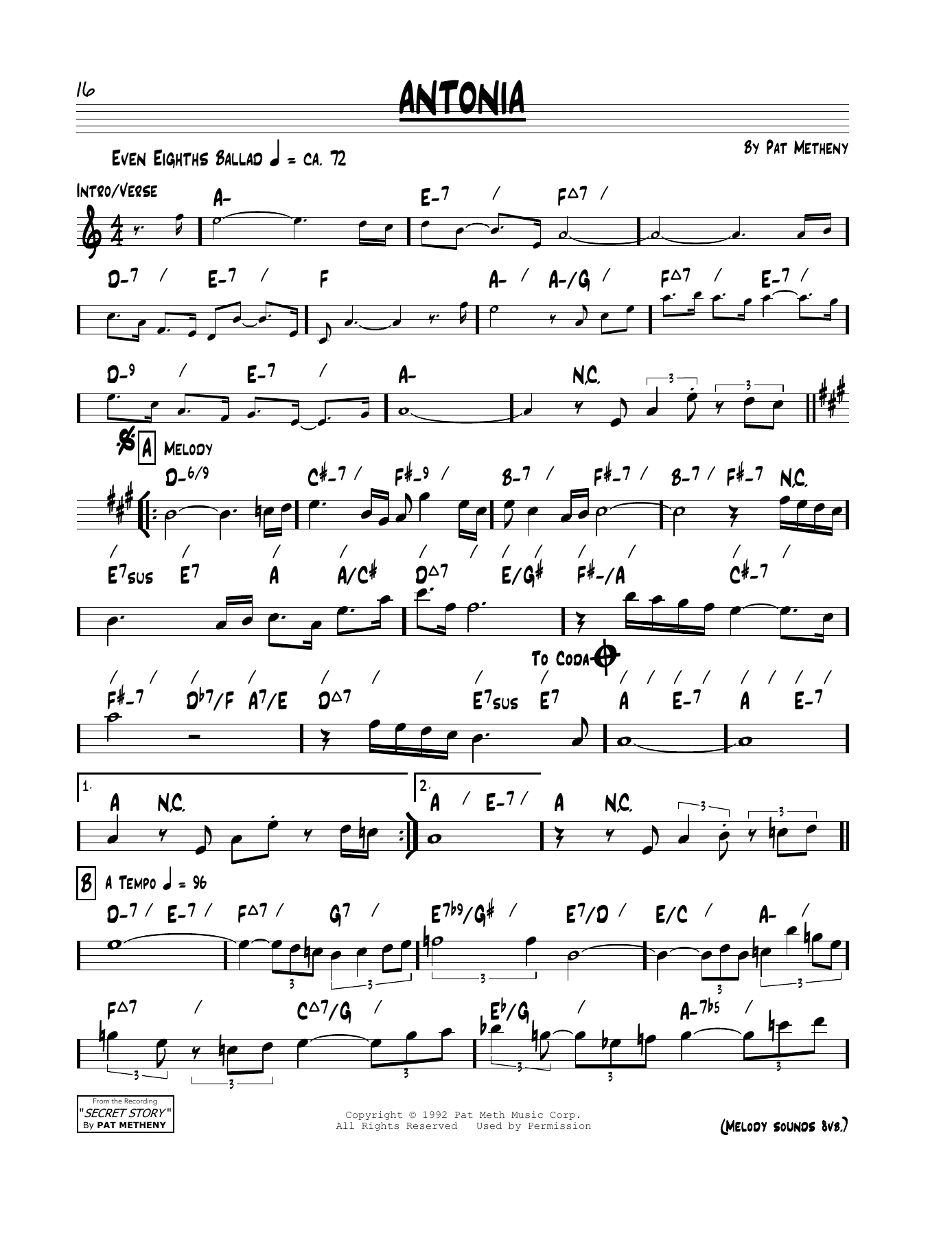 Download Pat Metheny Antonia Sheet Music and learn how to play Piano Solo PDF digital score in minutes