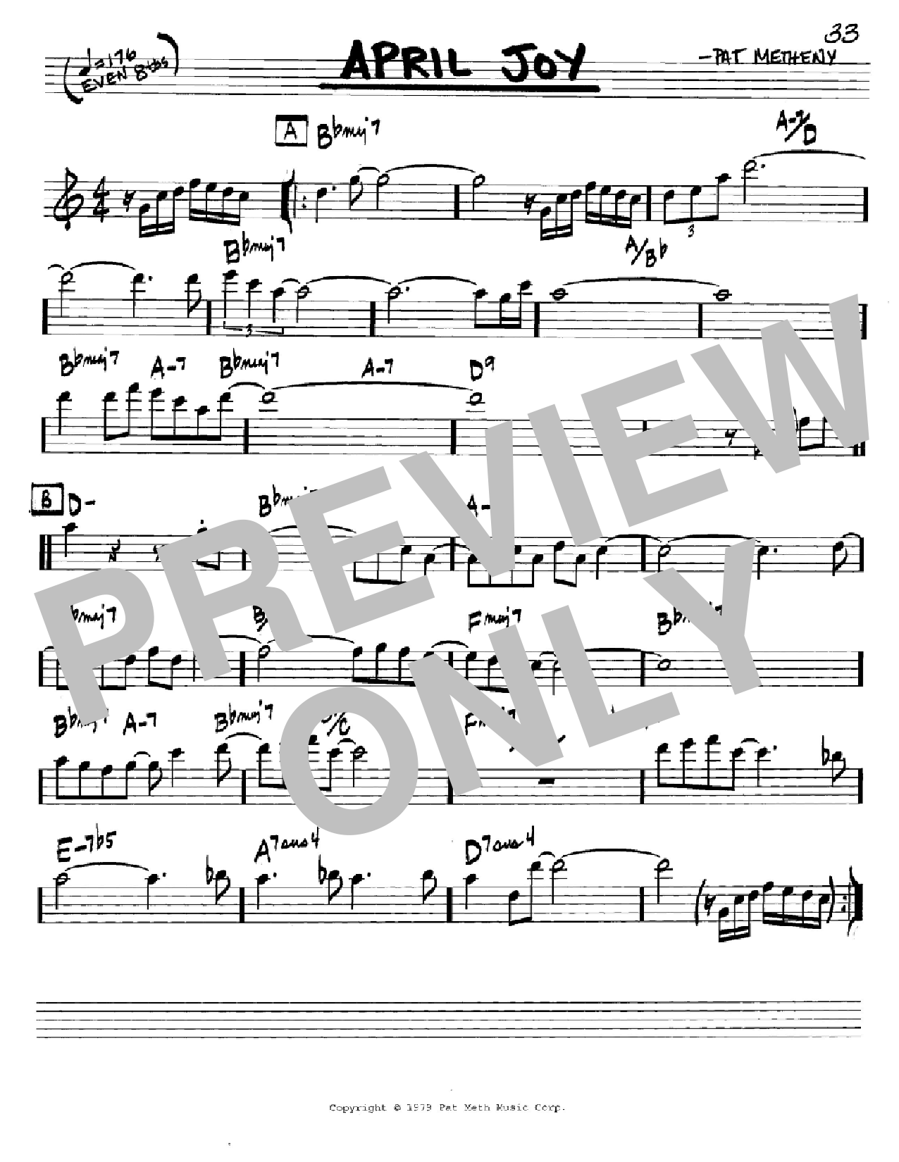 Download Pat Metheny April Joy Sheet Music and learn how to play Real Book - Melody & Chords - Bass Clef Instruments PDF digital score in minutes