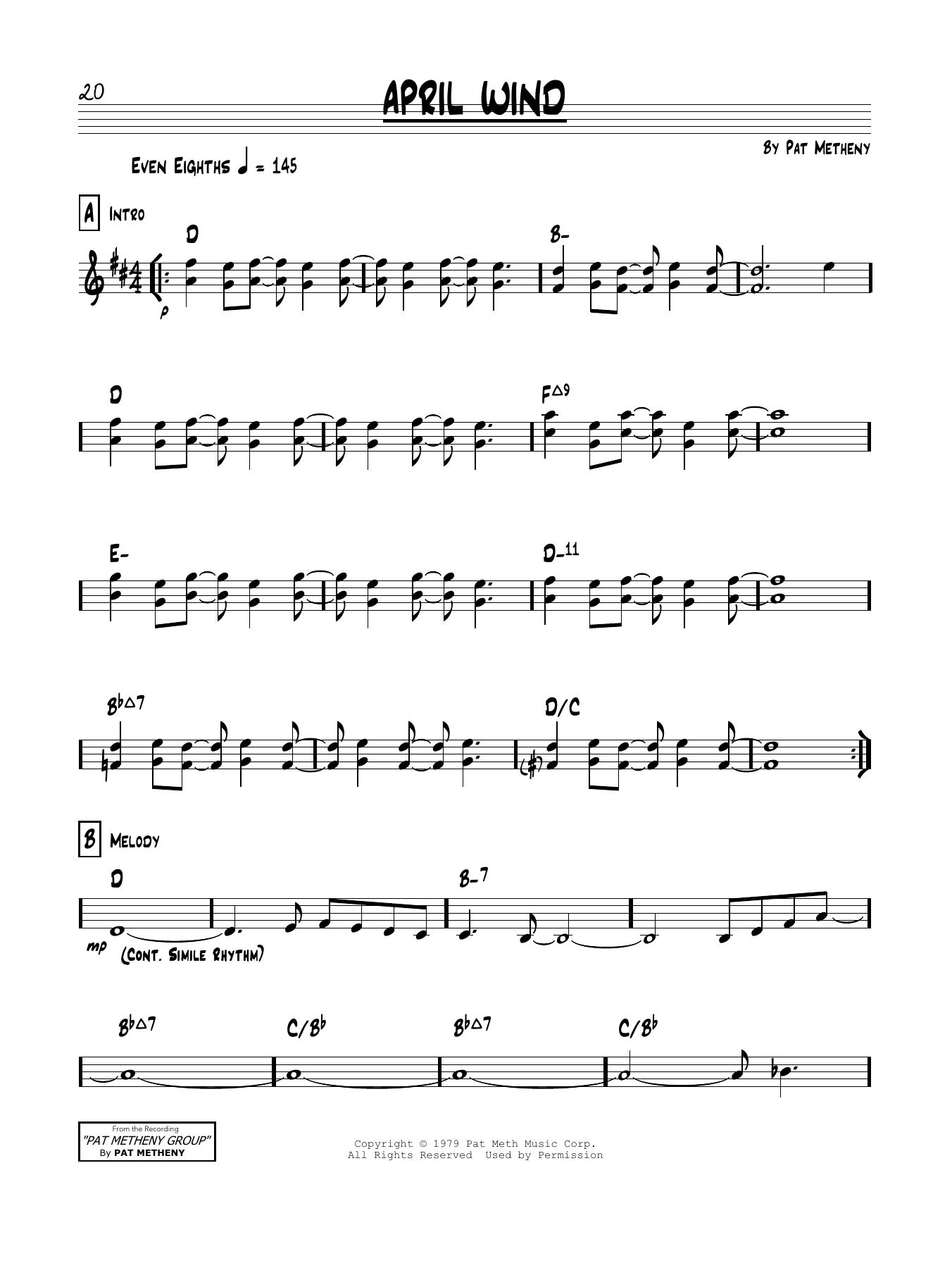 Download Pat Metheny April Wind Sheet Music and learn how to play Real Book – Melody & Chords PDF digital score in minutes