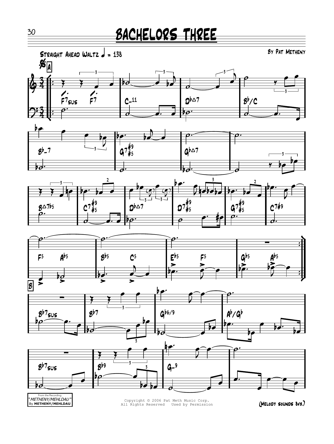 Download Pat Metheny Bachelors Three Sheet Music and learn how to play Real Book – Melody & Chords PDF digital score in minutes