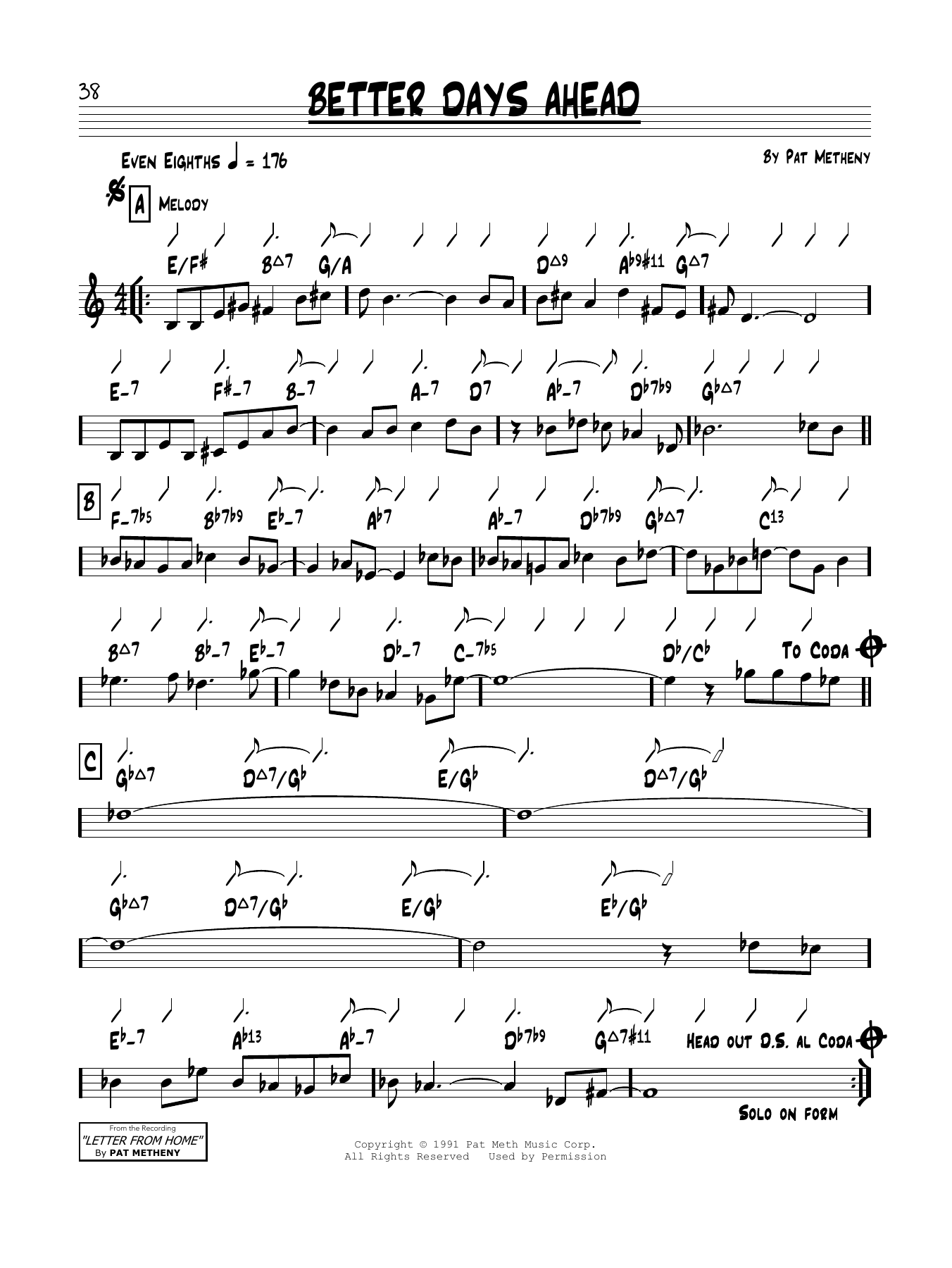 Download Pat Metheny Better Days Ahead Sheet Music and learn how to play Real Book – Melody & Chords PDF digital score in minutes