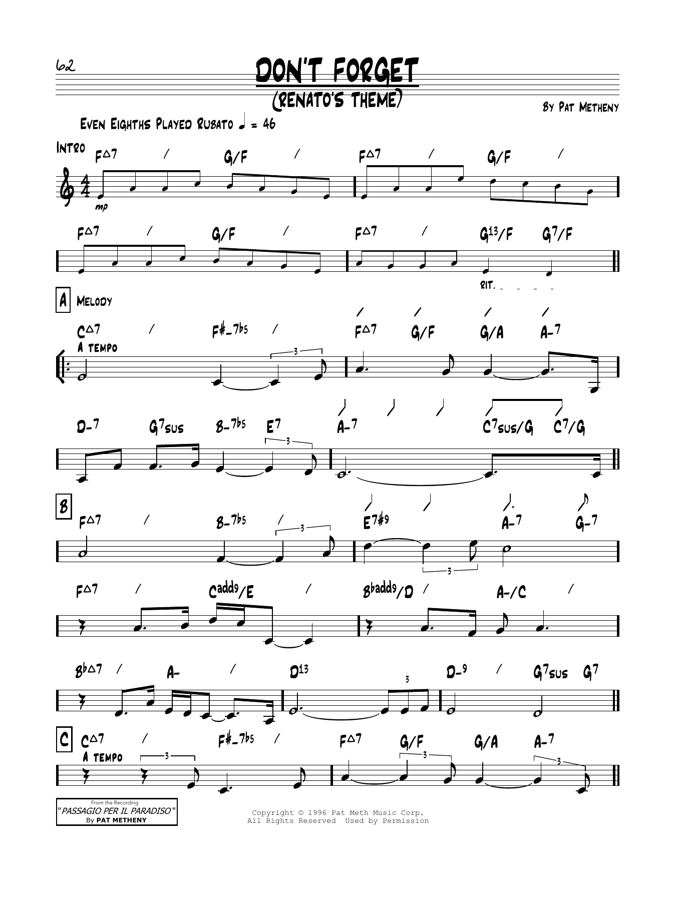 Download Pat Metheny Don't Forget (Renato's Theme) Sheet Music and learn how to play Real Book – Melody & Chords PDF digital score in minutes