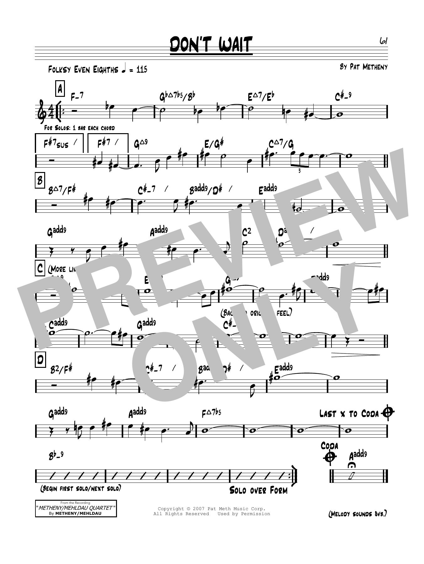 Download Pat Metheny Don't Wait Sheet Music and learn how to play Real Book – Melody & Chords PDF digital score in minutes