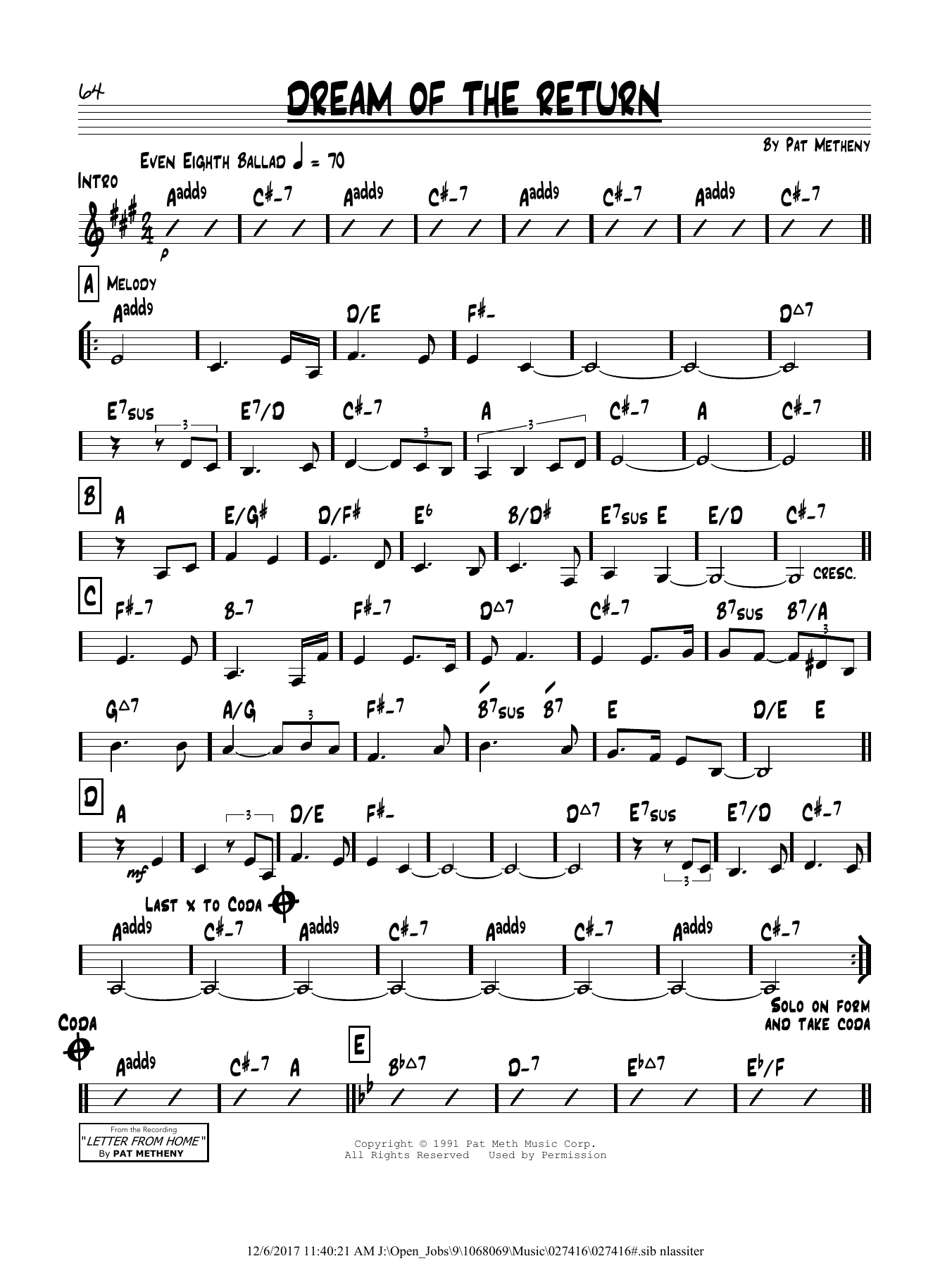 Download Pat Metheny Dream Of The Return Sheet Music and learn how to play Real Book – Melody & Chords PDF digital score in minutes