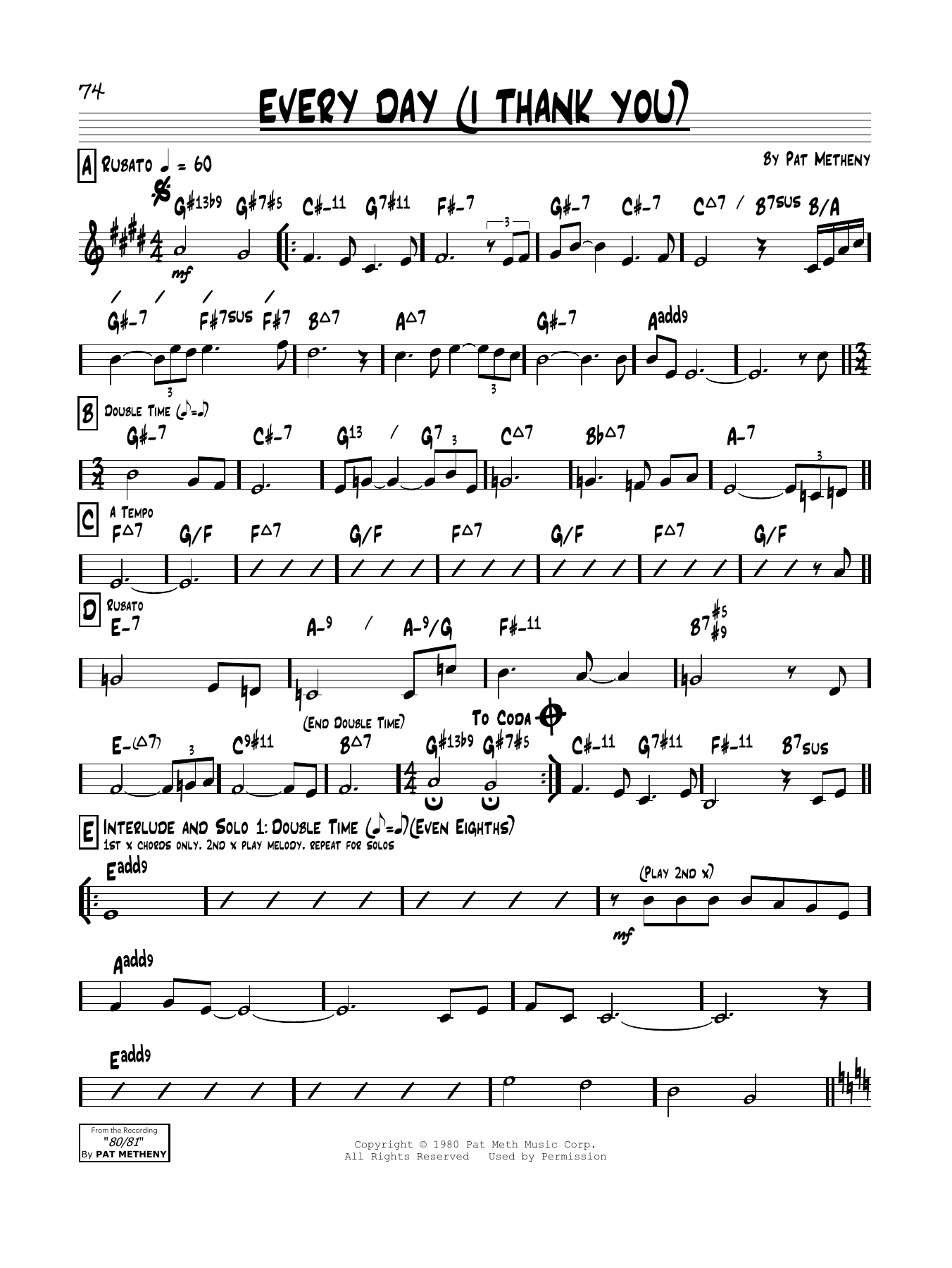 Download Pat Metheny Every Day (I Thank You) Sheet Music and learn how to play Real Book – Melody & Chords PDF digital score in minutes