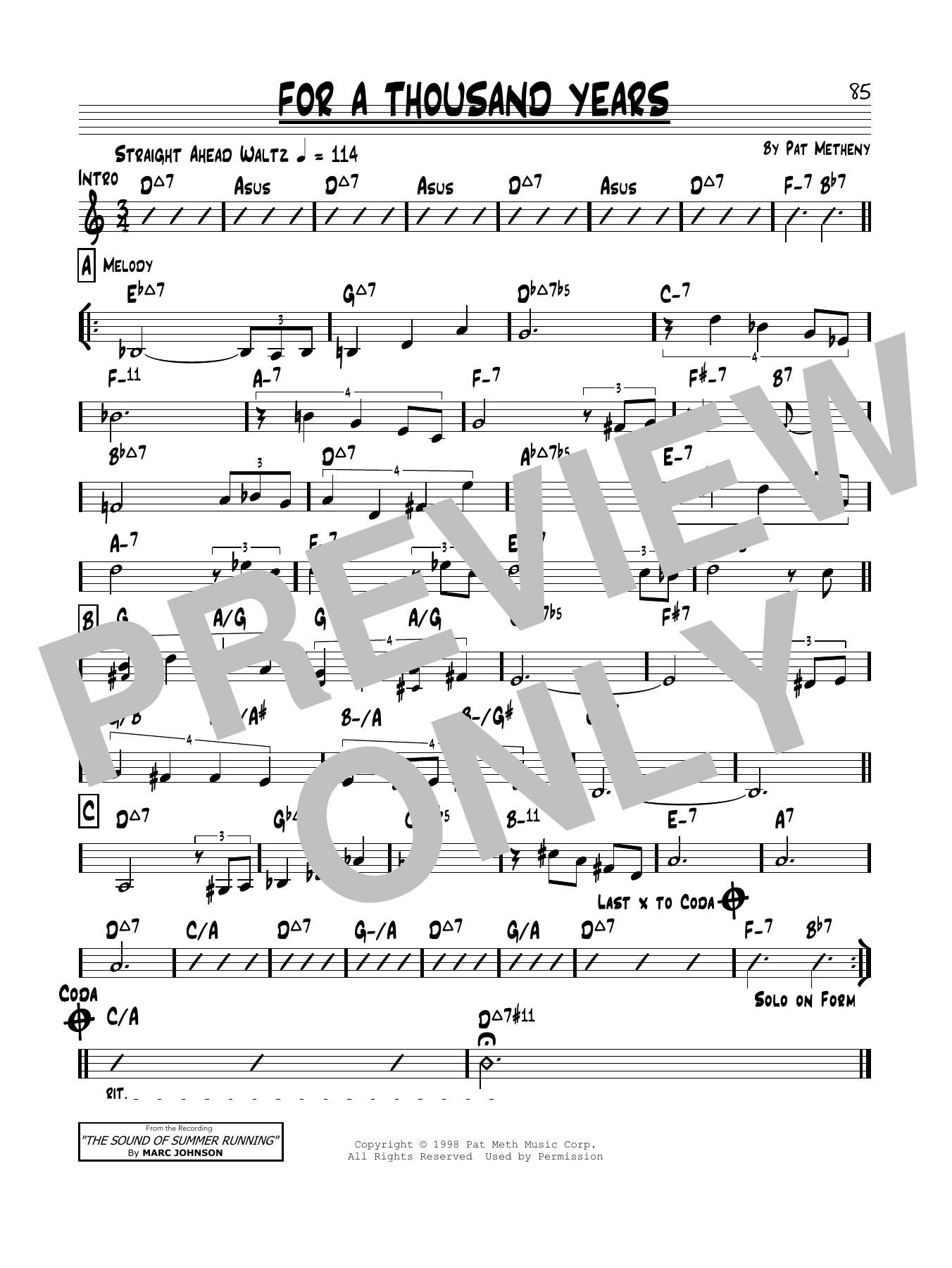 Download Pat Metheny For A Thousand Years Sheet Music and learn how to play Real Book – Melody & Chords PDF digital score in minutes