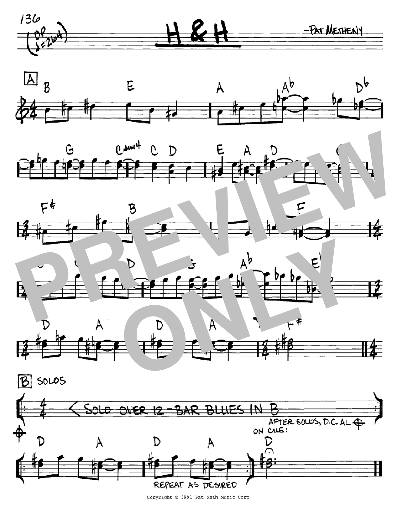 Download Pat Metheny H & H Sheet Music and learn how to play Real Book – Melody & Chords PDF digital score in minutes
