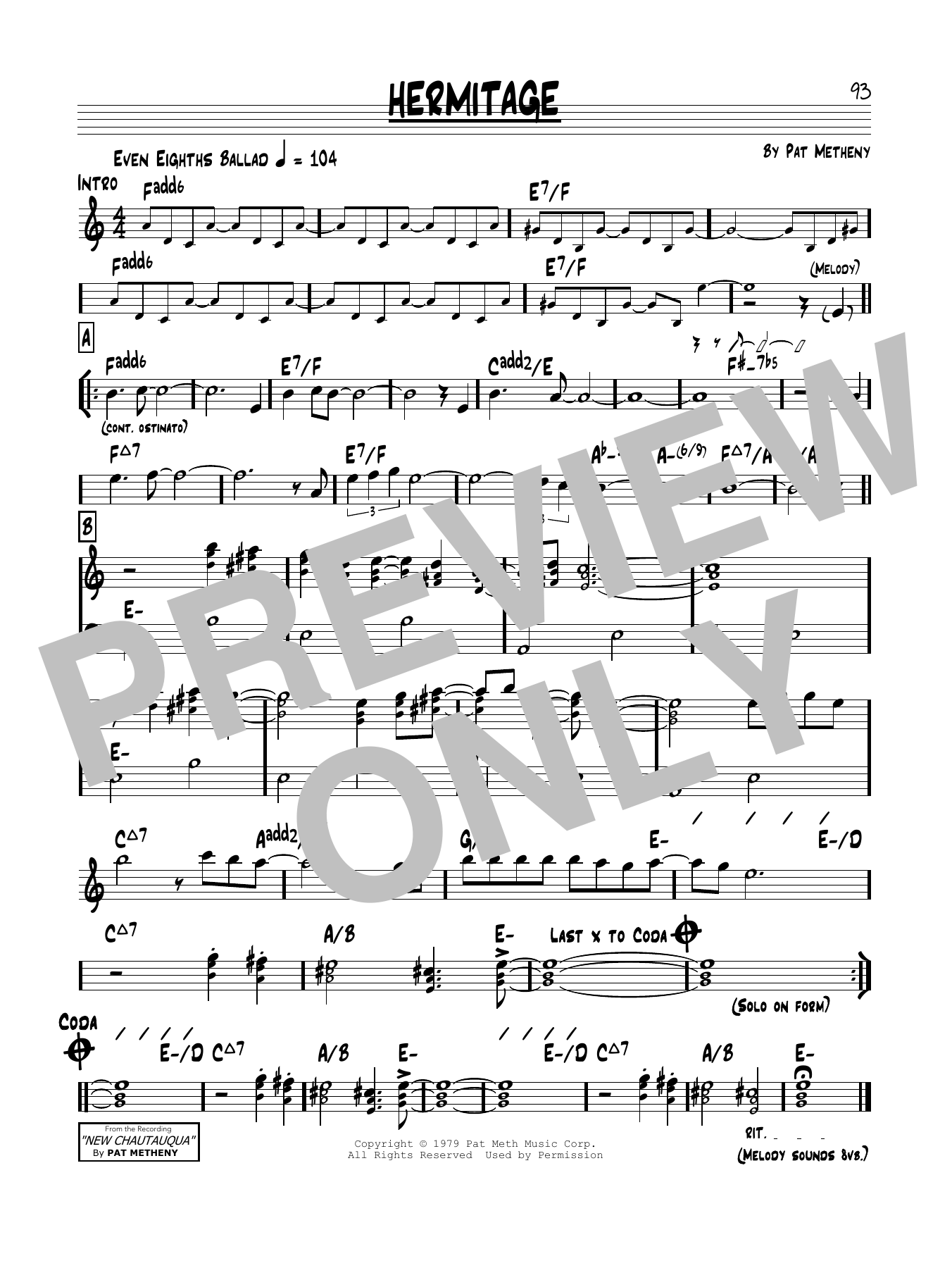 Download Pat Metheny Hermitage Sheet Music and learn how to play Real Book – Melody & Chords PDF digital score in minutes