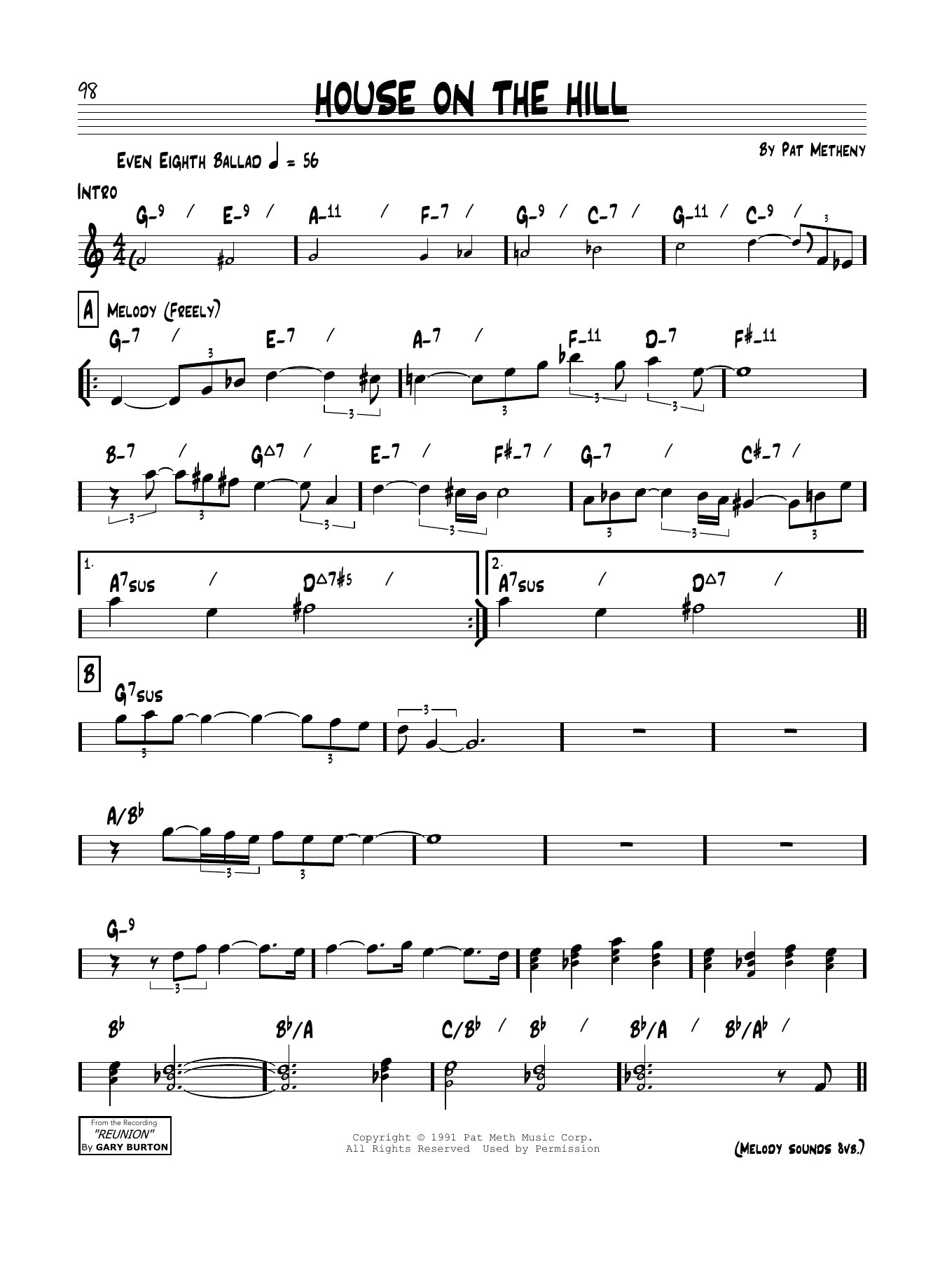 Download Pat Metheny House On The Hill Sheet Music and learn how to play Real Book – Melody & Chords PDF digital score in minutes