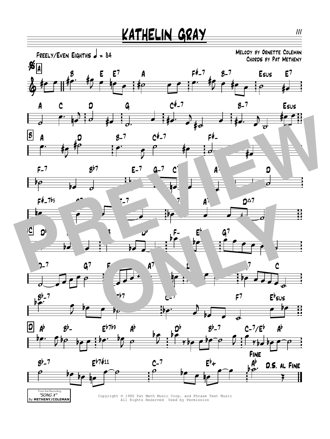 Download Pat Metheny Kathelin Gray Sheet Music and learn how to play Real Book – Melody & Chords PDF digital score in minutes