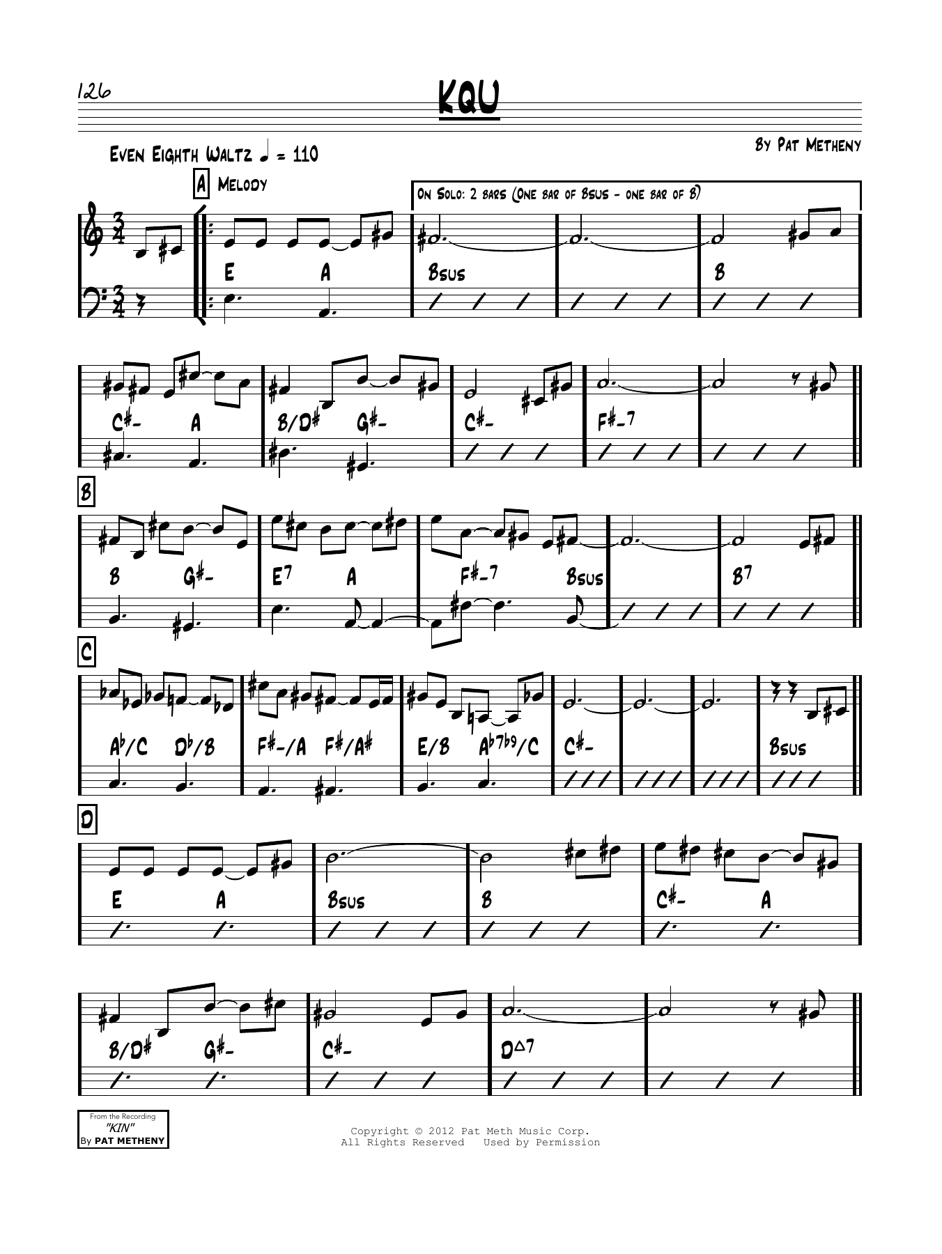 Download Pat Metheny KQU Sheet Music and learn how to play Real Book – Melody & Chords PDF digital score in minutes
