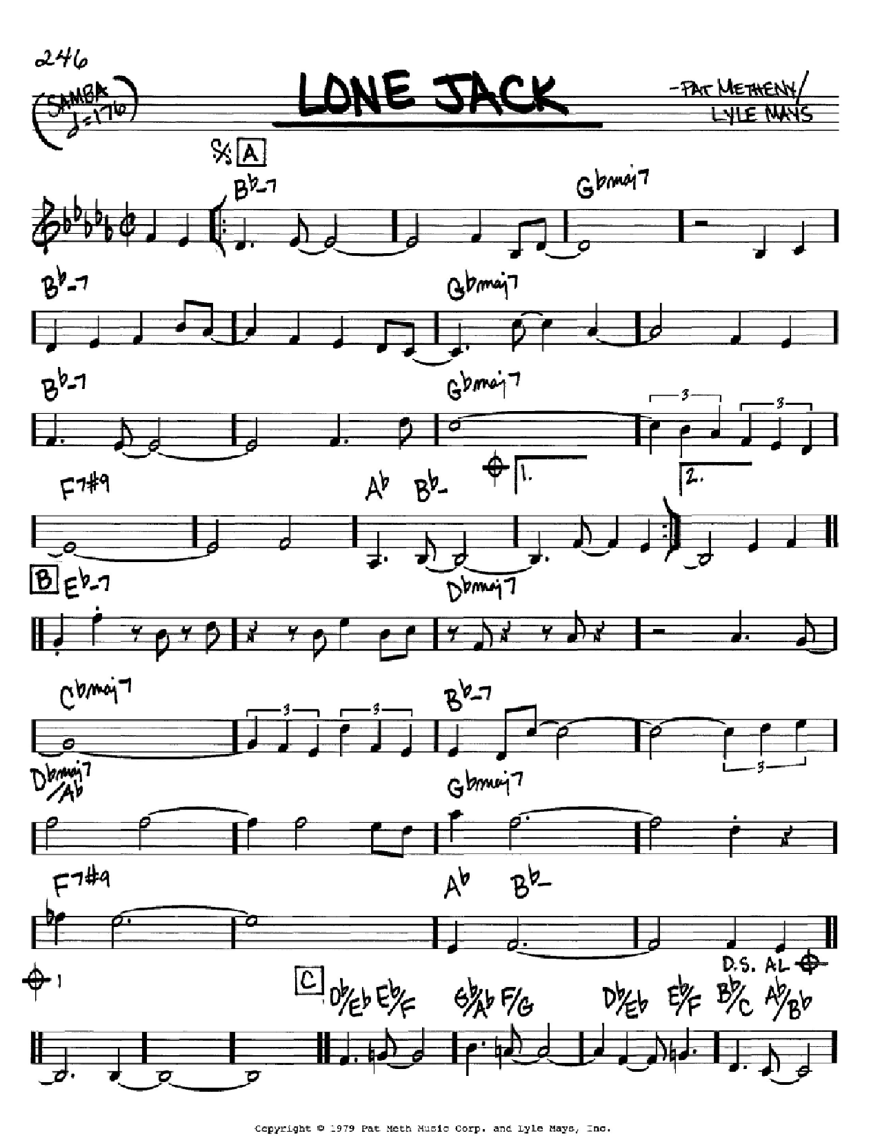 Download Pat Metheny Lone Jack Sheet Music and learn how to play Real Book – Melody & Chords PDF digital score in minutes