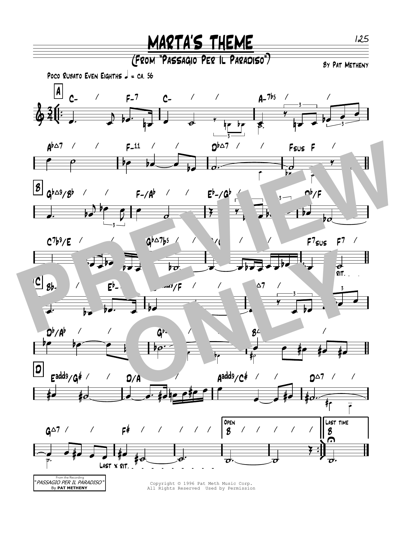 Download Pat Metheny Marta's Theme Sheet Music and learn how to play Real Book – Melody & Chords PDF digital score in minutes