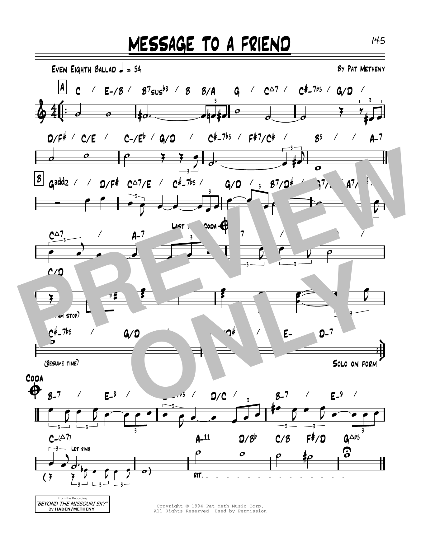 Download Pat Metheny Message To A Friend Sheet Music and learn how to play Real Book – Melody & Chords PDF digital score in minutes