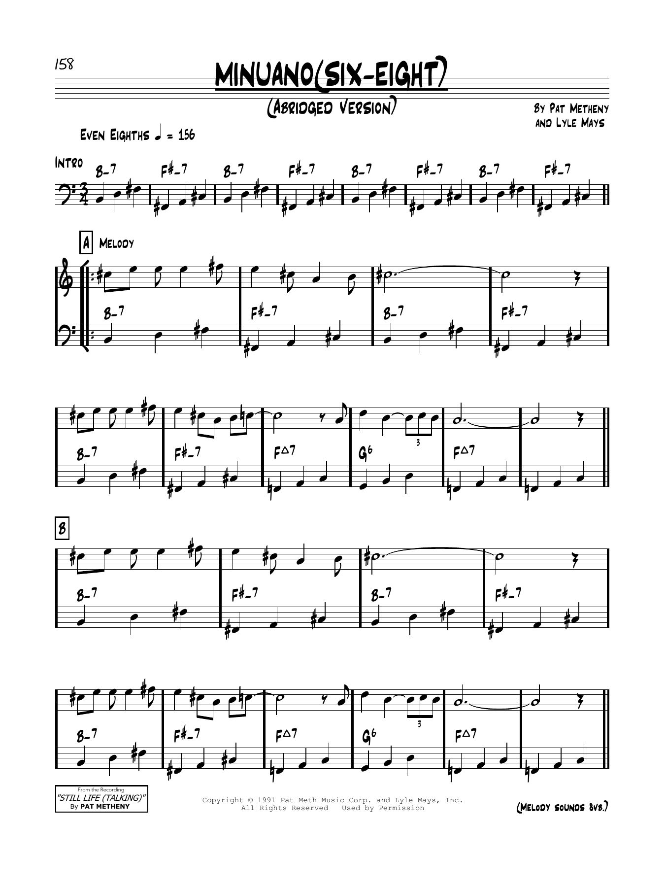 Download Pat Metheny Minuano (Six-Eight) Sheet Music and learn how to play Real Book – Melody & Chords PDF digital score in minutes