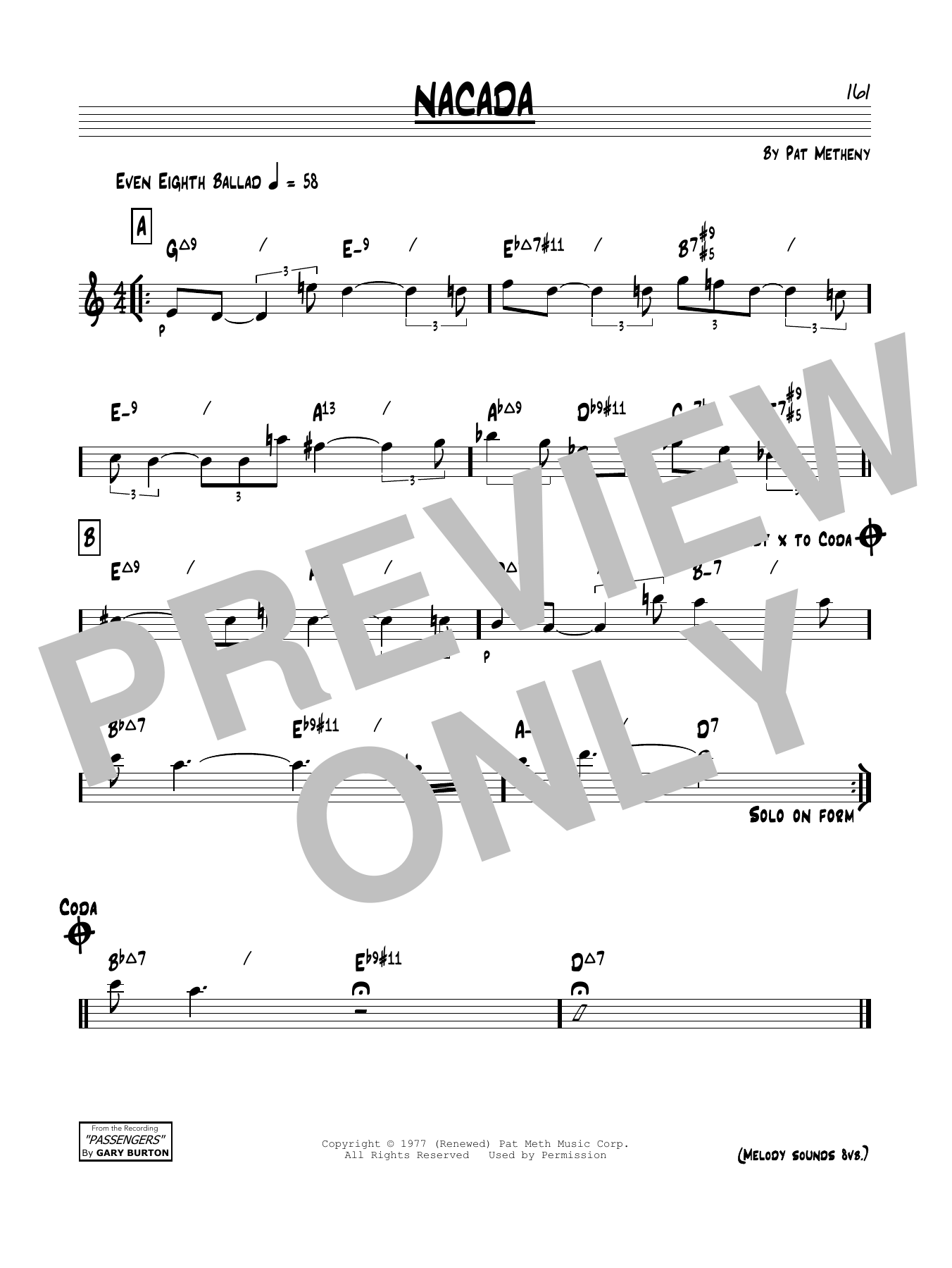 Download Pat Metheny Nacada Sheet Music and learn how to play Real Book – Melody & Chords PDF digital score in minutes