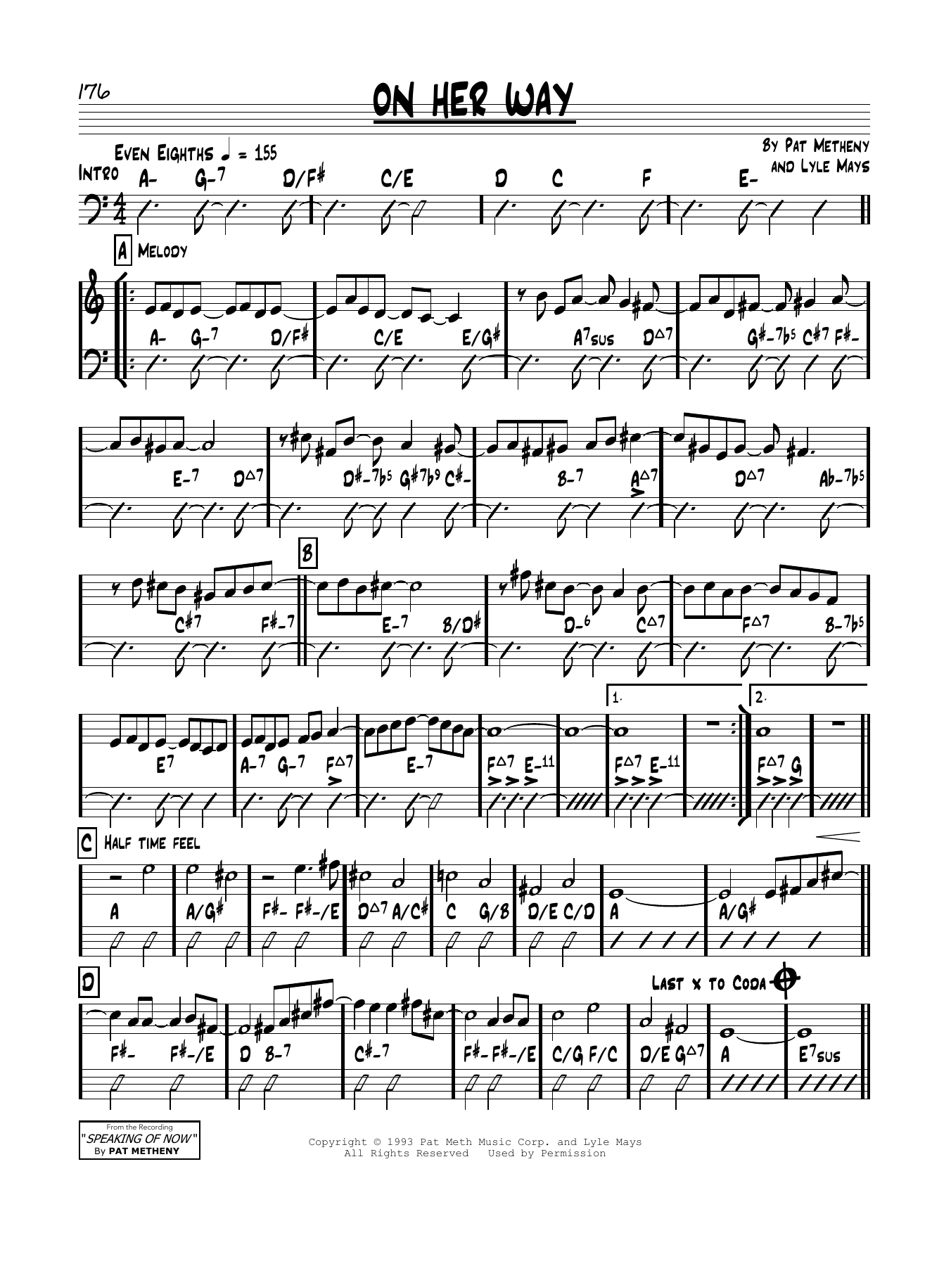 Download Pat Metheny On Her Way Sheet Music and learn how to play Real Book – Melody & Chords PDF digital score in minutes