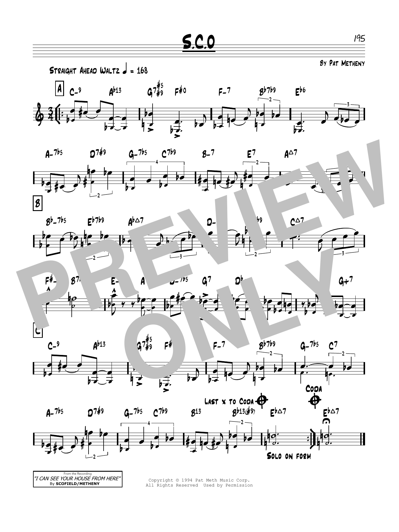 Download Pat Metheny S.C.O. Sheet Music and learn how to play Real Book – Melody & Chords PDF digital score in minutes
