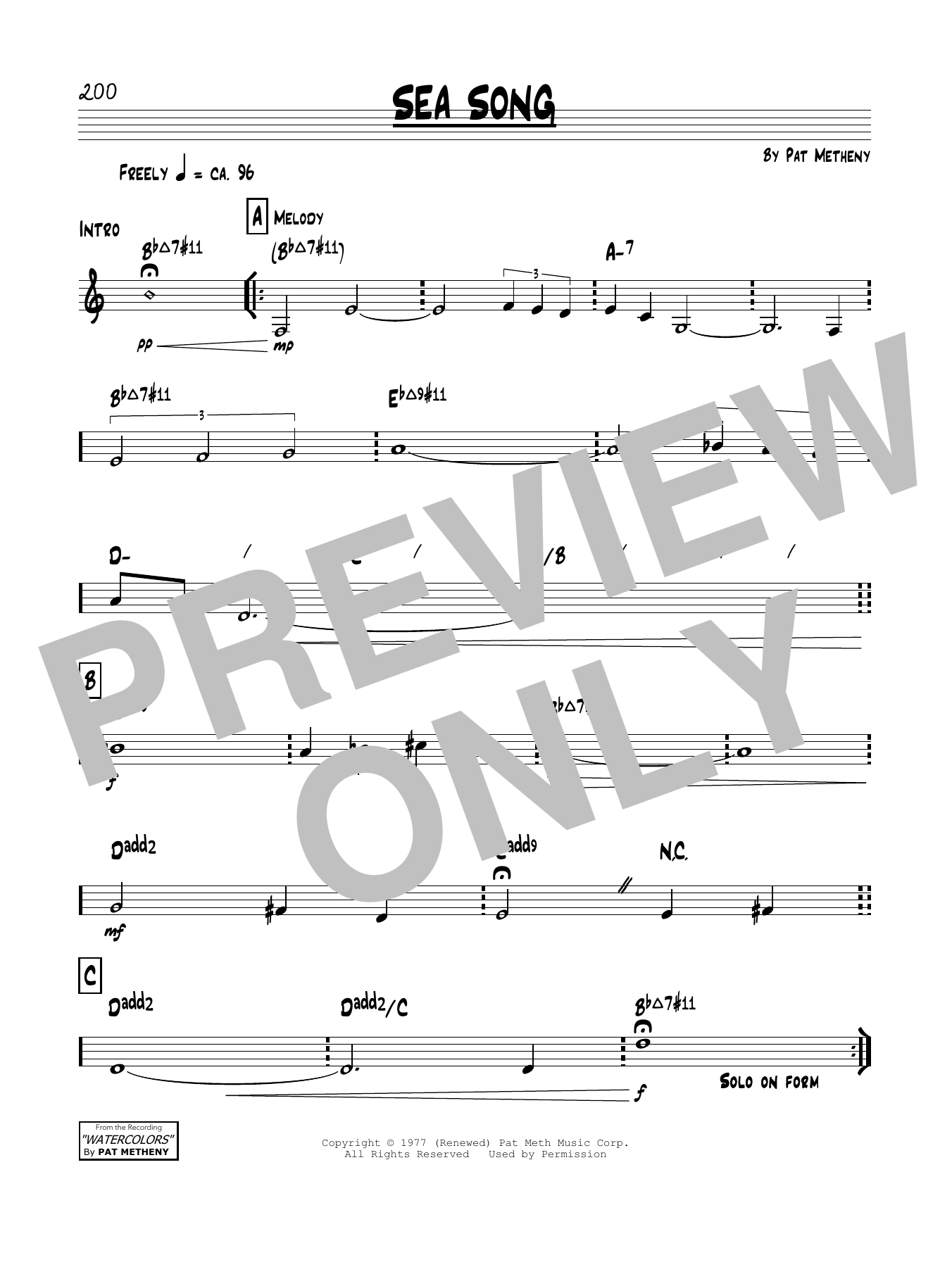Download Pat Metheny Sea Song Sheet Music and learn how to play Real Book – Melody & Chords PDF digital score in minutes