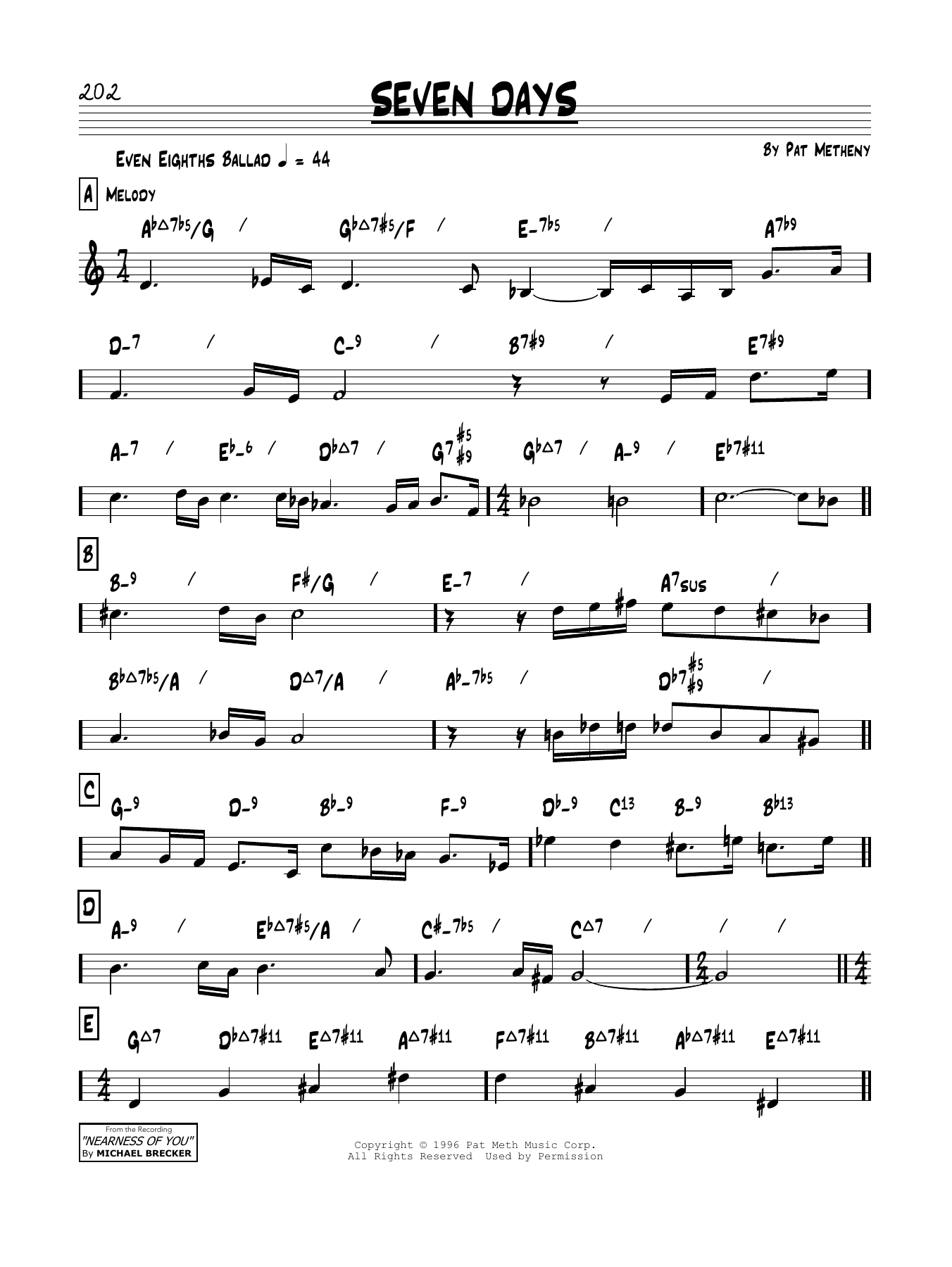 Download Pat Metheny Seven Days Sheet Music and learn how to play Real Book – Melody & Chords PDF digital score in minutes