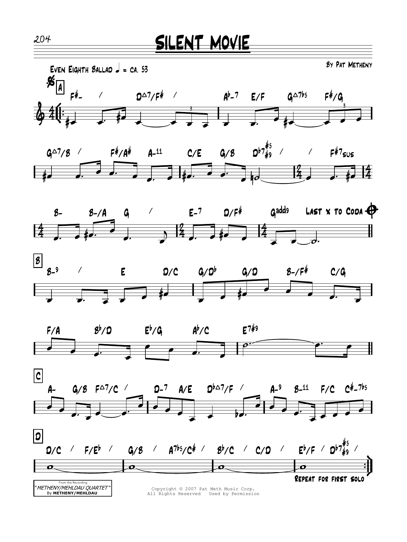 Download Pat Metheny Silent Movie Sheet Music and learn how to play Real Book – Melody & Chords PDF digital score in minutes