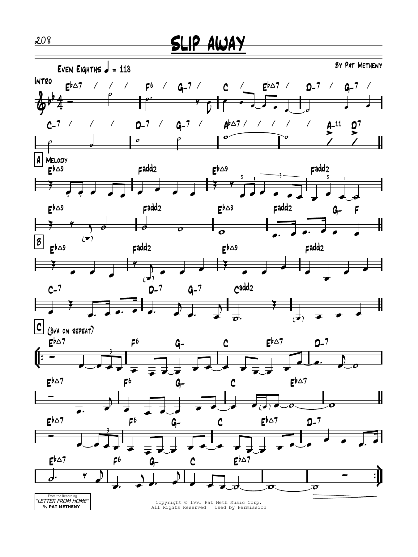 Download Pat Metheny Slip Away Sheet Music and learn how to play Real Book – Melody & Chords PDF digital score in minutes