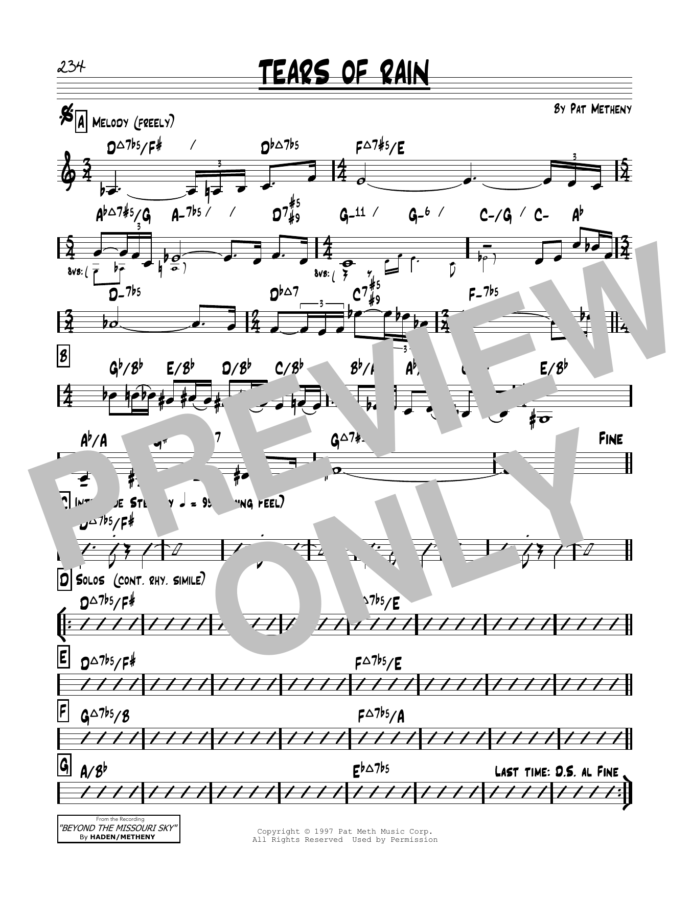 Download Pat Metheny Tears Of Rain Sheet Music and learn how to play Real Book – Melody & Chords PDF digital score in minutes
